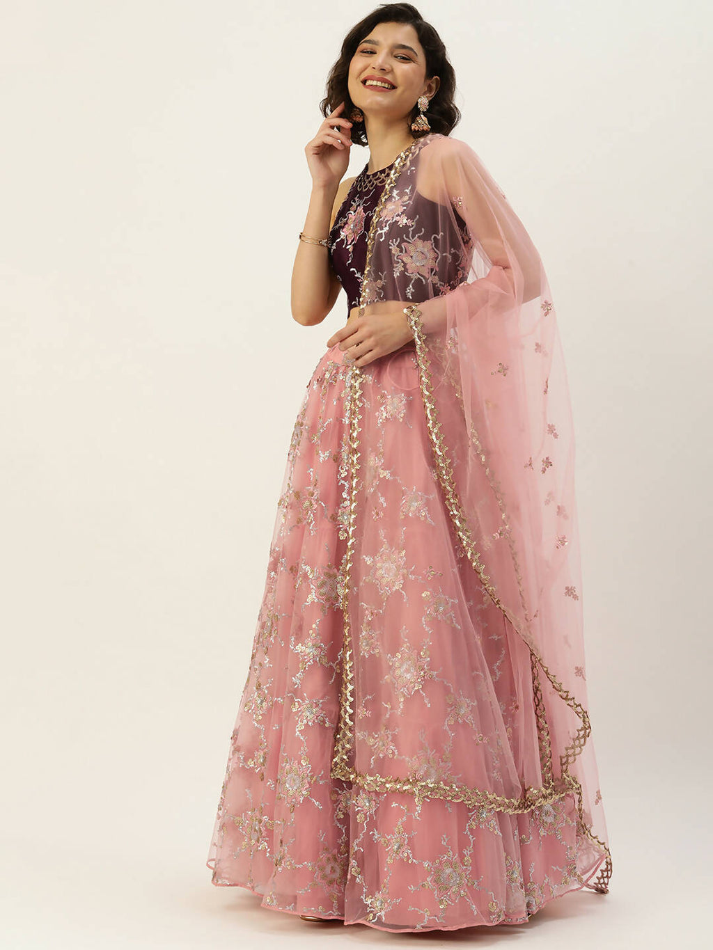 House of Panchhi Pink Net Sequins Embroideried Lehenga