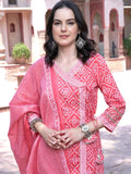 Sangria Pink Bandhani Printed Pure Cotton Angrakha Kurta With Trousers & Dupatta