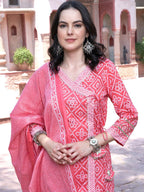 Sangria Pink Bandhani Printed Pure Cotton Angrakha Kurta With Trousers & Dupatta