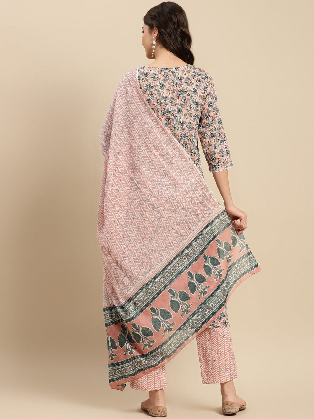 Sangria Peach & Blue Floral-Printed Pure-Cotton Straight Kurta With Trouser & Dupatta