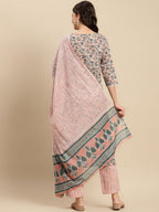 Sangria Peach & Blue Floral-Printed Pure-Cotton Straight Kurta With Trouser & Dupatta
