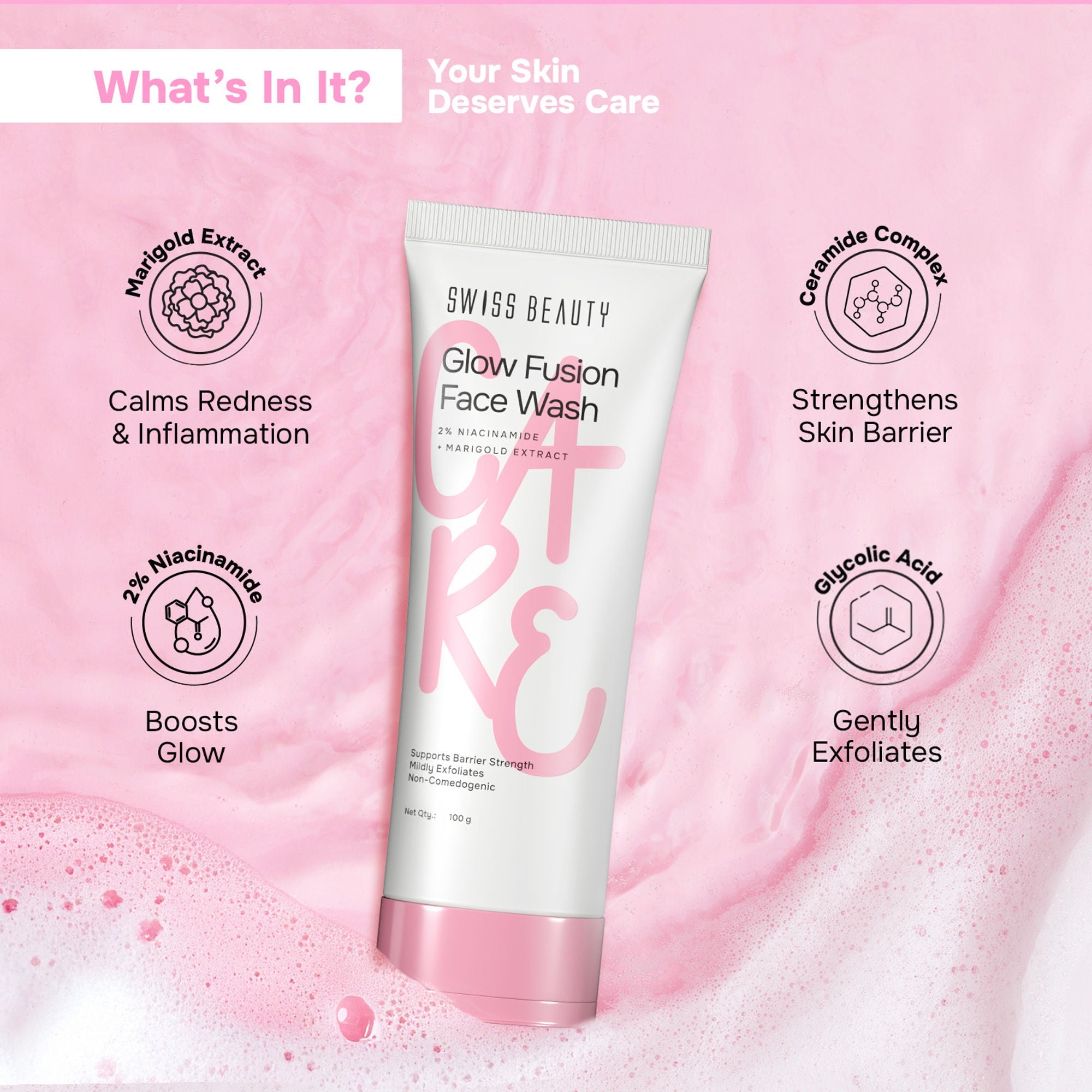 Swiss Beauty Care Glow Fusion Face Wash - 2% Niacinamide & Marigold Extract