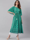 Janasya Green Ethnic Motifs Printed Keyhole Neck Flared Sleeves Georgette Kaftan Kurta - Distacart