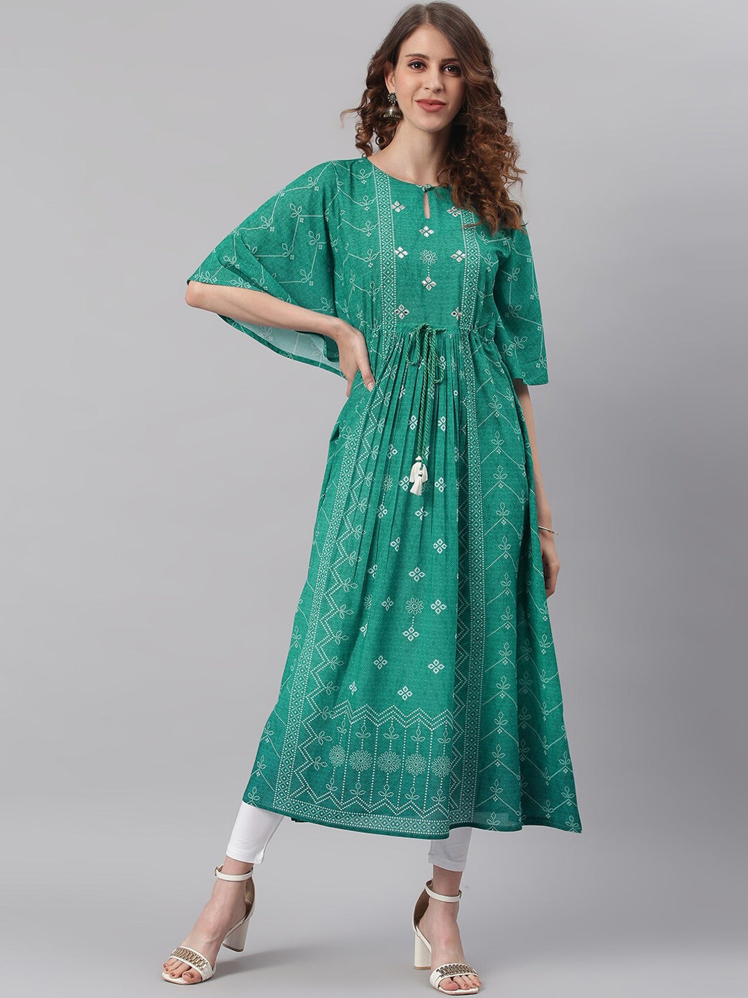 Janasya Green Ethnic Motifs Printed Keyhole Neck Flared Sleeves Georgette Kaftan Kurta - Distacart