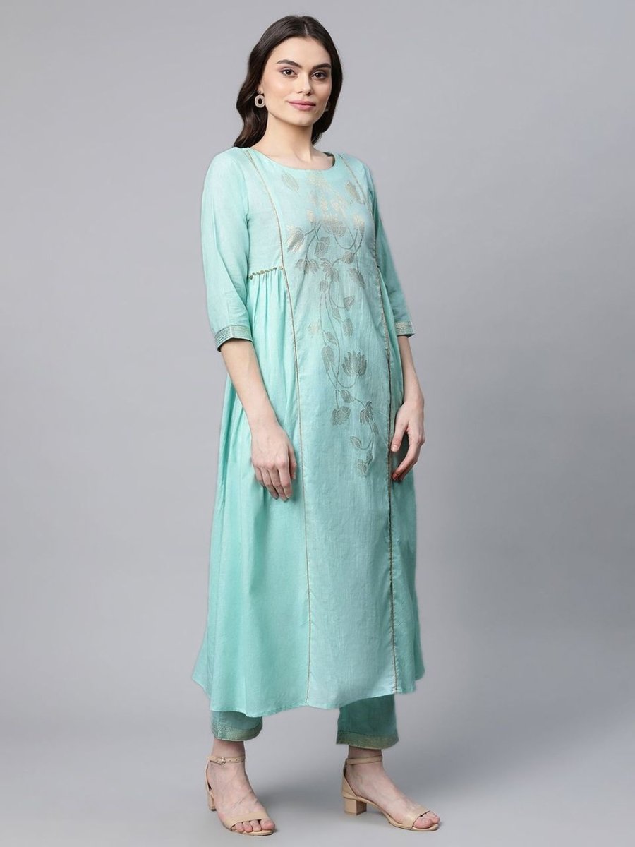 Ahalyaa Women Sea Green Colour Pure Cotton Gold Foil Print Kurta Pant Set - Distacart