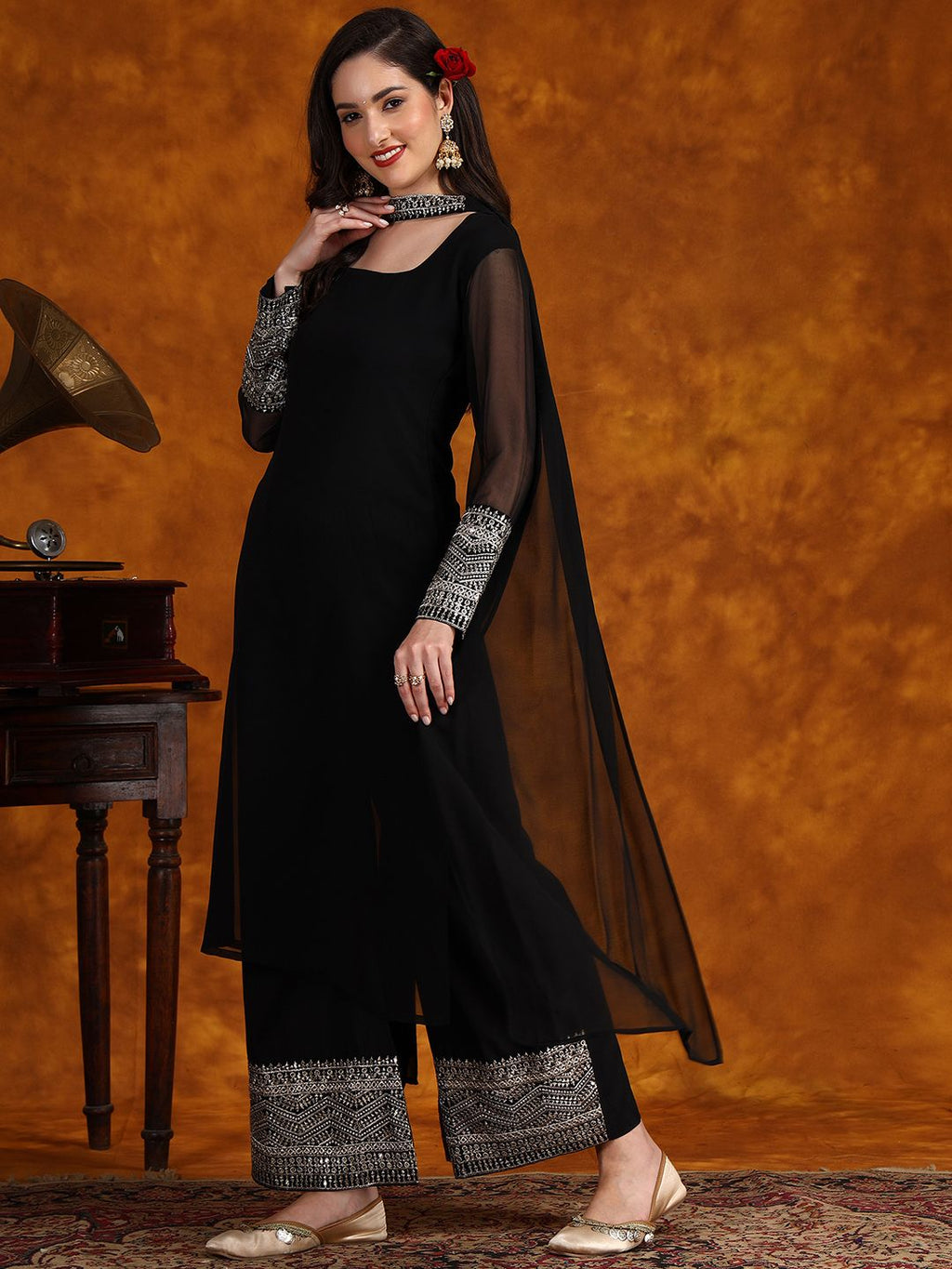 Sangria Embroidery Georgette Kurta Palazzo With Dupatta Set - Distacart