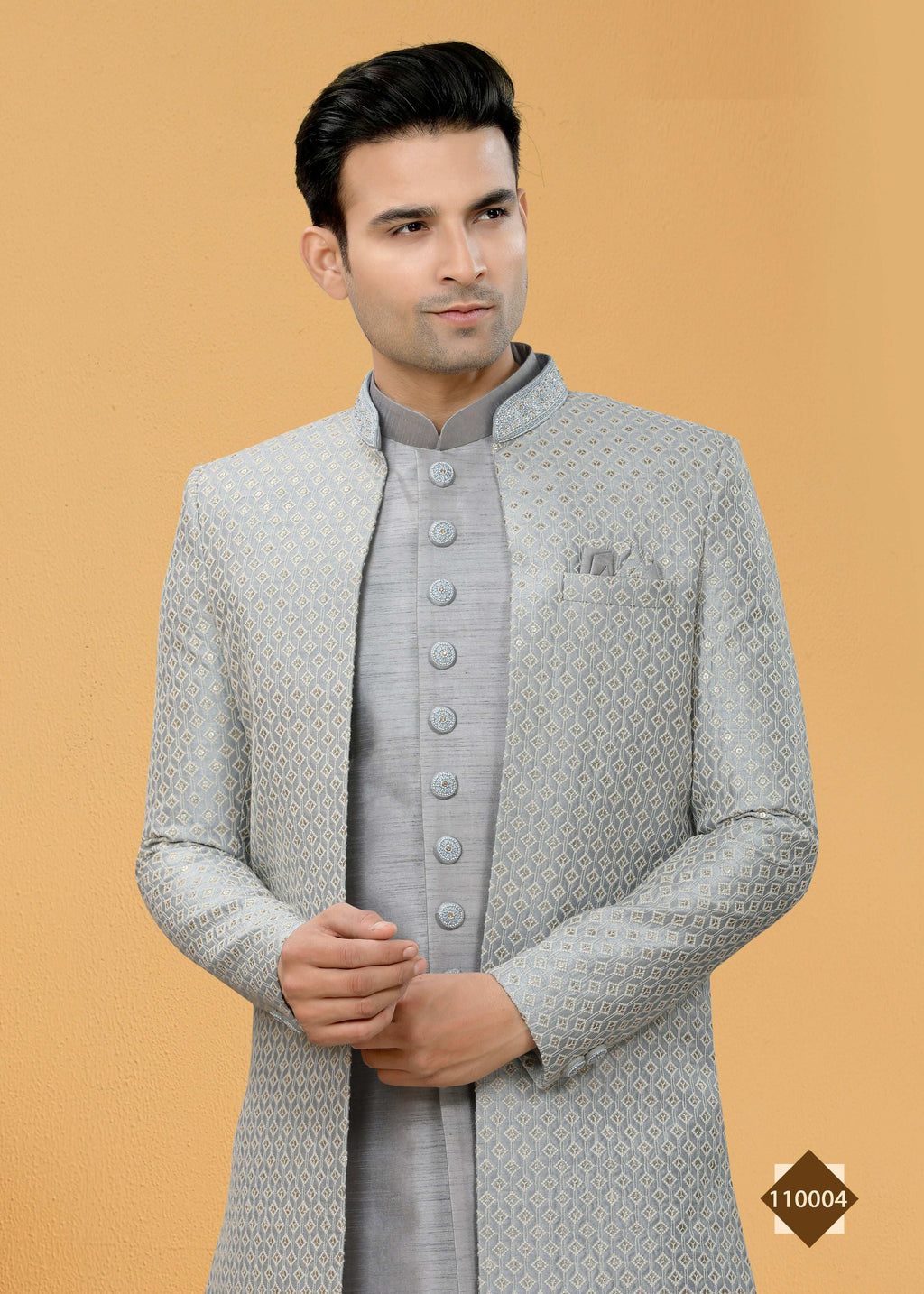 Joban Fashion Men's Grey Art Silk Plain Kurta Pyjama set
