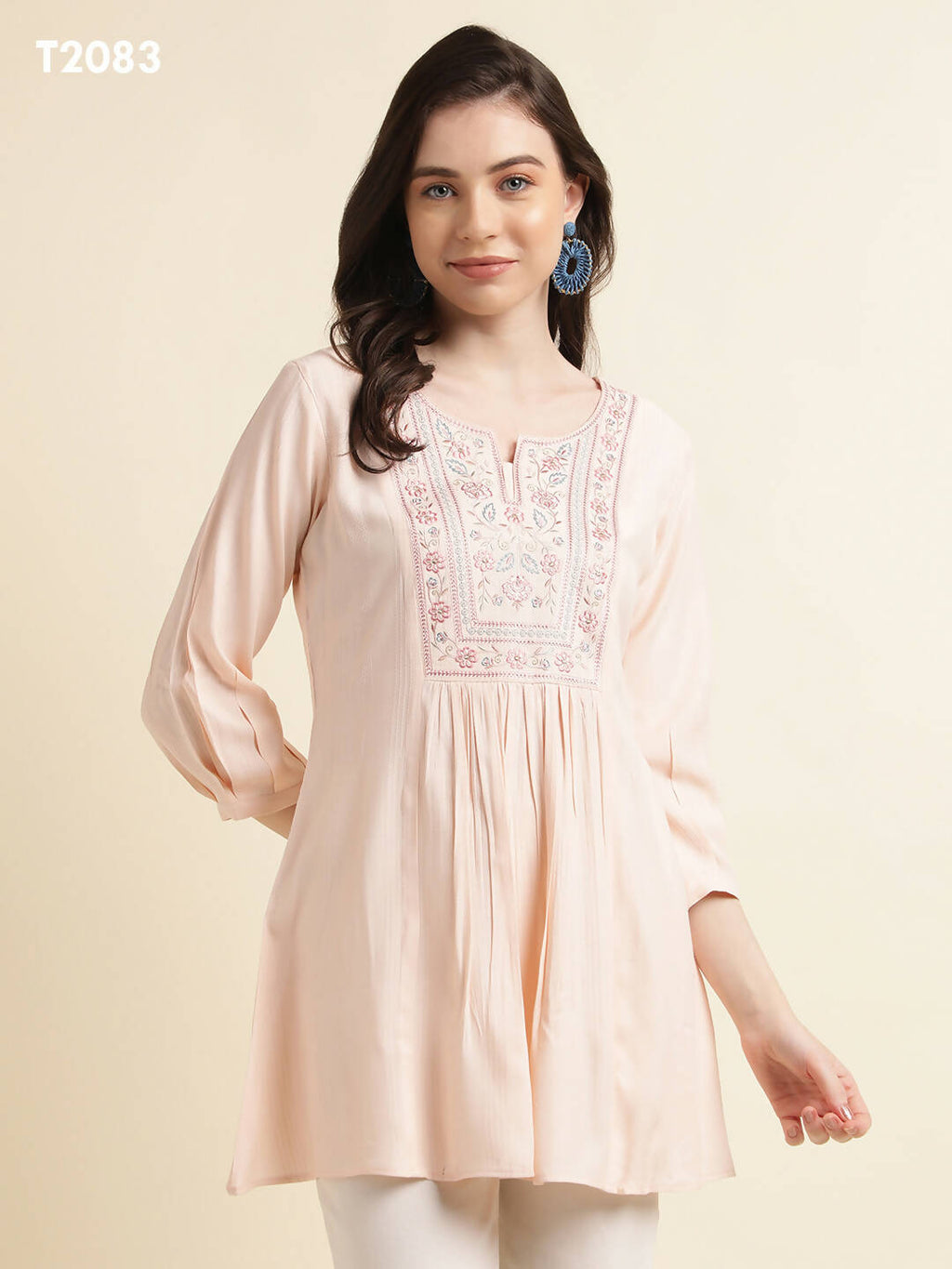 Peach Viscose Rayon Yoke Embroidered A-line Top - Tarini