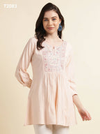 Peach Viscose Rayon Yoke Embroidered A-line Top - Tarini