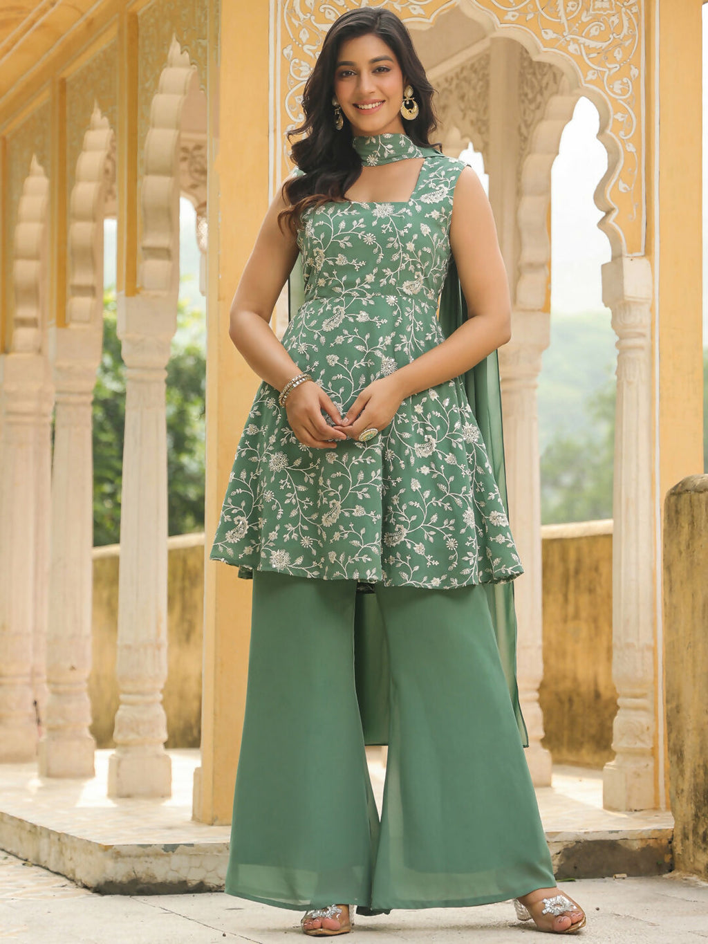 Janasya Sage Green Georgette Embroidered Kurta,Bottom & Dupatta