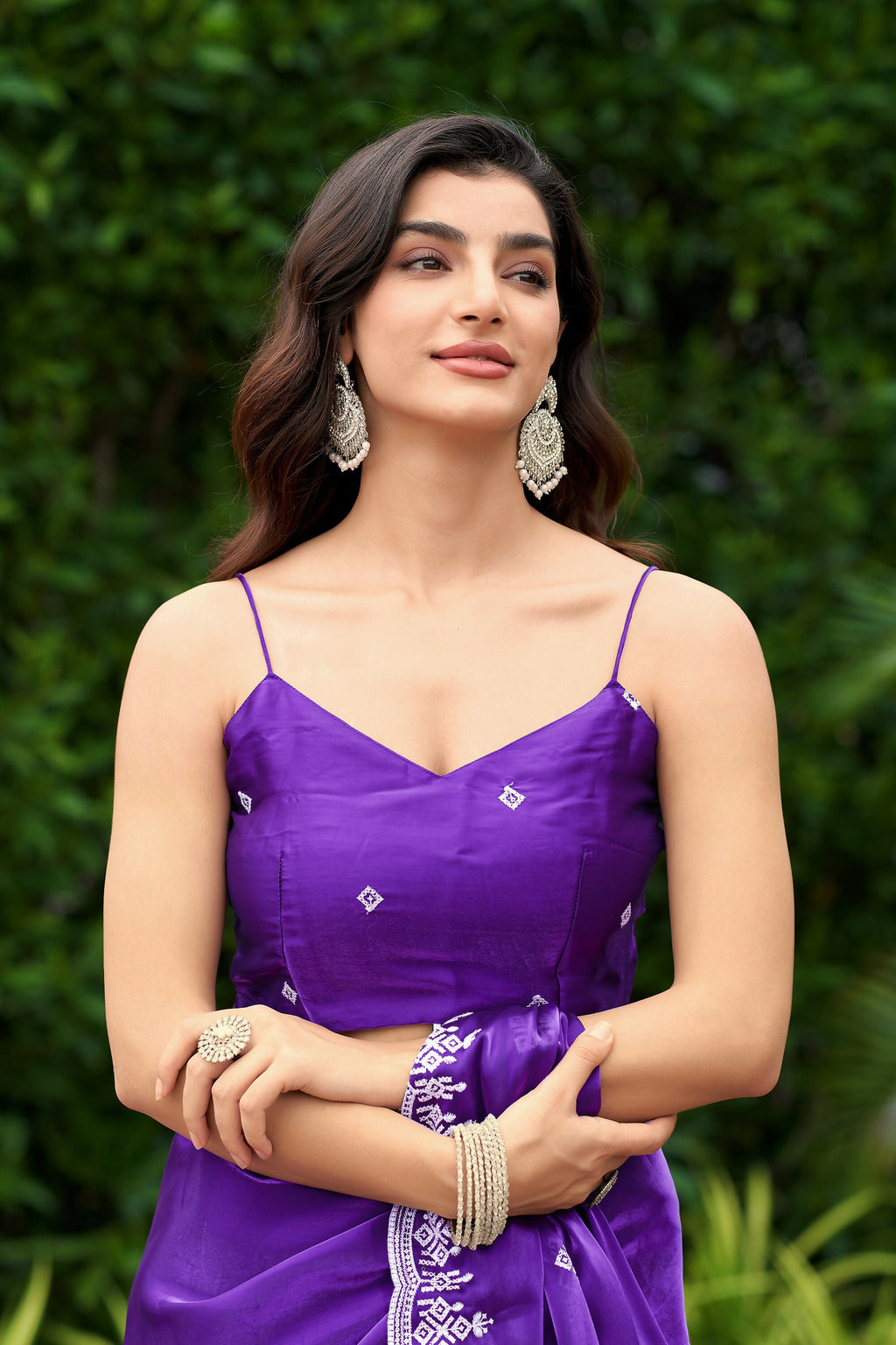 Vastranavya Purple-Blue Embroidery Work Shimmer Chiffon Saree with Unstitched Blouse - Distacart