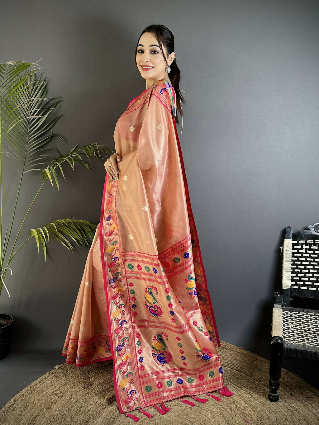 Joban Fashion Dark Peach Zari Weaving Tissue Paithani Saree