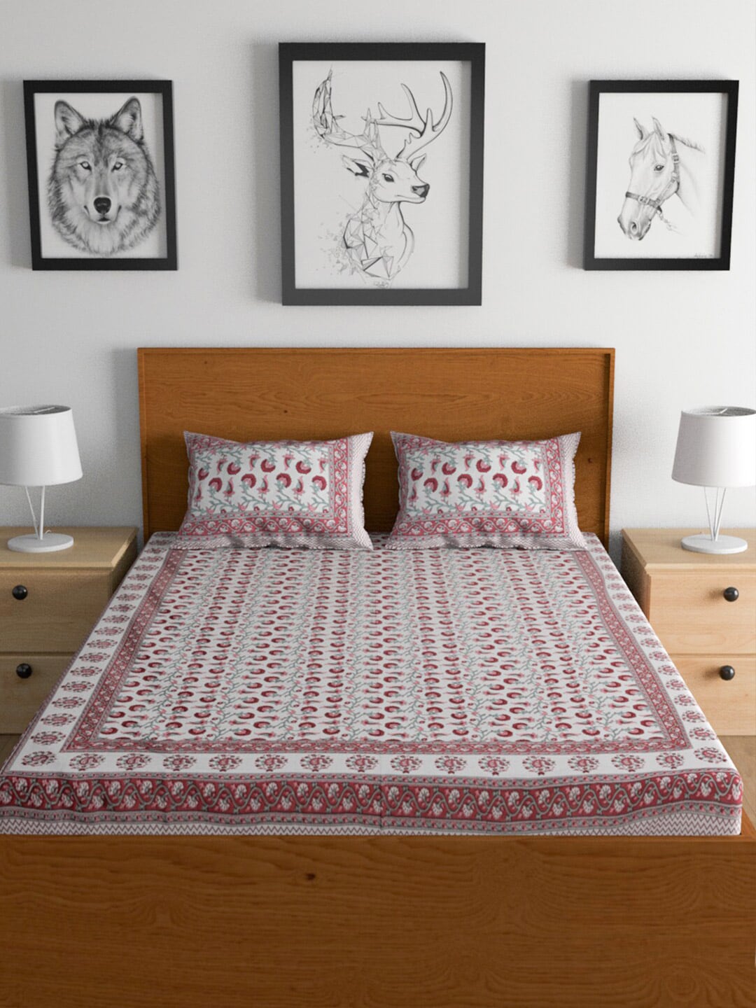 Urban Magic Pink & White Ethnic Motifs Cotton 104 TC King Bedsheet & 2 Pillow Covers
