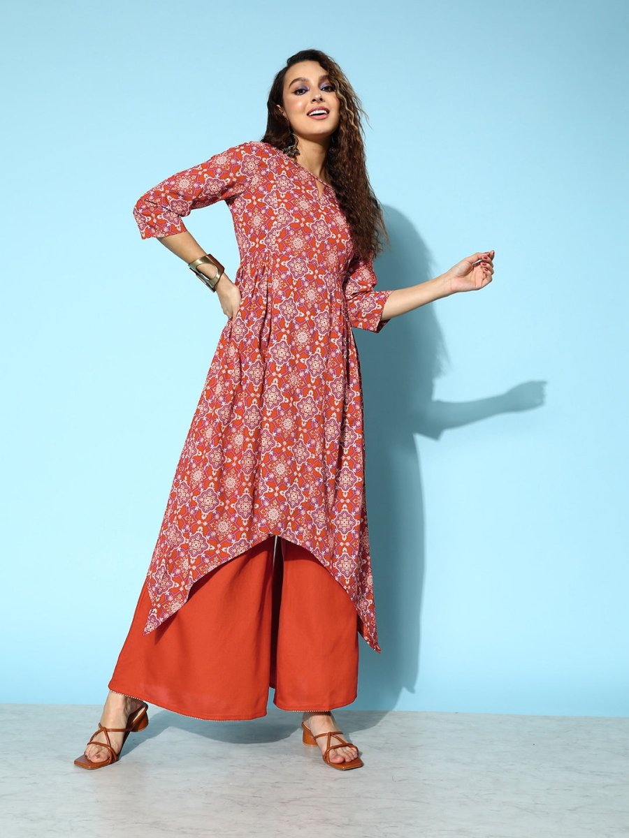 All About You Brick Red Printed Dipped Hem Veere Di Wedding A-Line Kurta with Palazzos