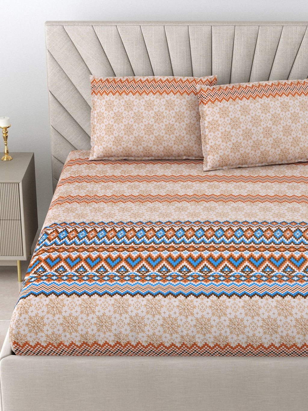 BOMBAY DYEING Brown & Blue Ethnic Motifs Cotton 250 TC King Bedsheet With 2 Pillow Covers