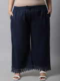 TAG 7 Women Navy Blue Linen Plus Size Lace Ethnic Palazzos
