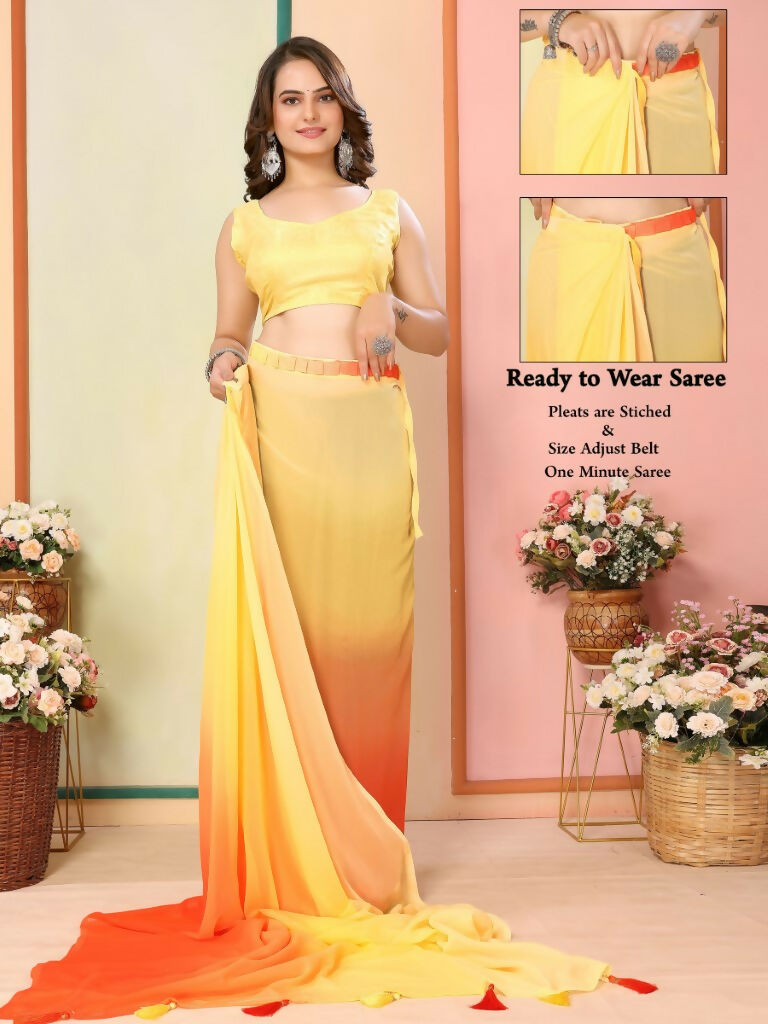 Yellow Georgette Pedding Color Printed Ready To Wear Saree - Aalaya
