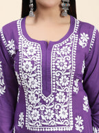 HOUSE OF KARI Women Purple Floral Embroidered Chikankari Pure Cotton Kurta with Palazzos