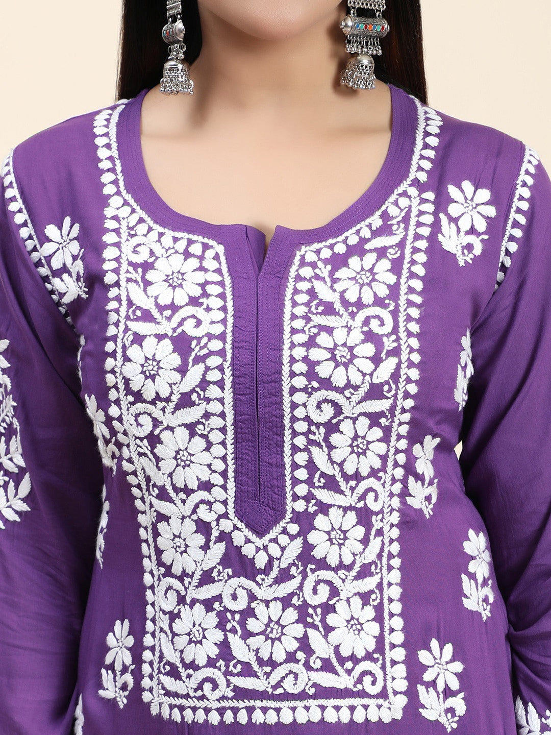 HOUSE OF KARI Women Purple Floral Embroidered Chikankari Pure Cotton Kurta with Palazzos