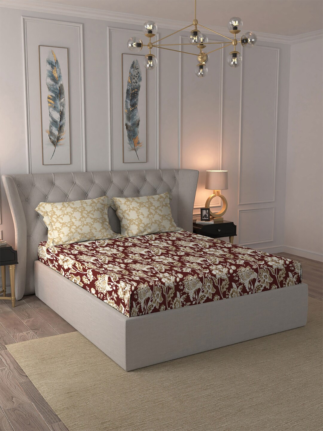 MYTRIDENT Red White Ethnic Motifs Cotton 120 TC Queen Bedsheet With 2 Pillow Covers