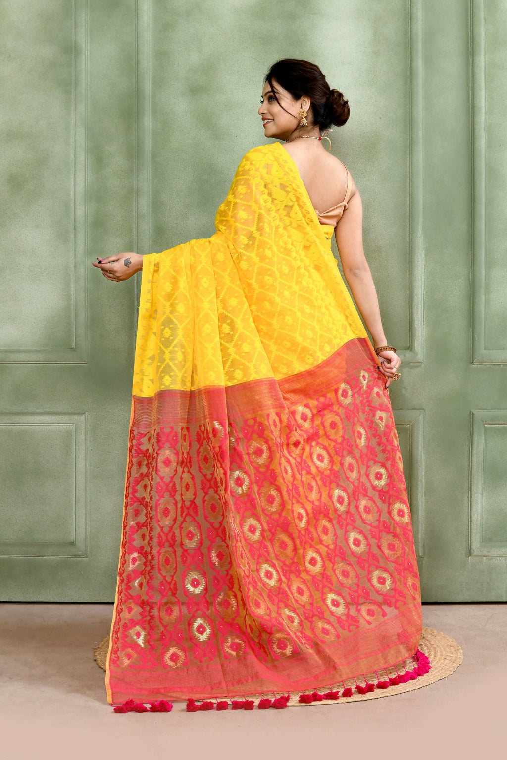 Piyari Fashion Women's Yellow Embellished Cotton Blend Jamdani Saree - Distacart