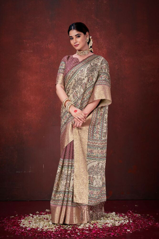 Pink Poly Habotai Silk Foil Print Saree with Unstitched Blouse - Kathari