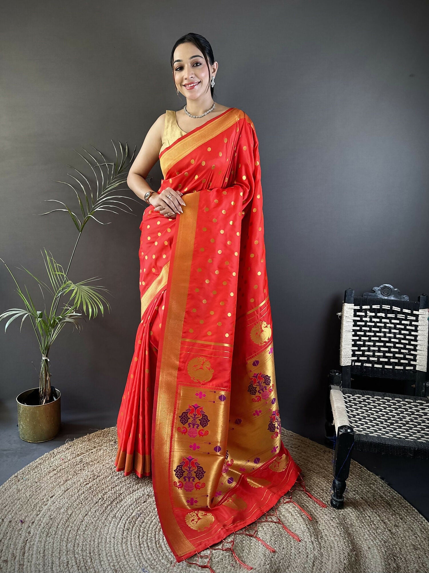 Joban Fashion Red Polka Dot Lichi Silk Paithani Silk Saree - Distacart