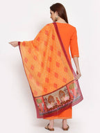 Myshka Women's Orange Solid Cotton 3/4 Sleeve Round Neck Casual Kurta Pant Dupatta Set