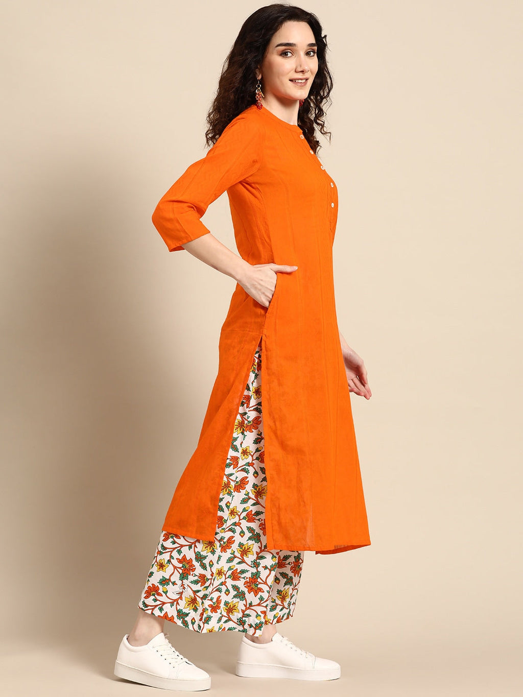 Sangria Women Orange Pure Cotton Kurta with Palazzos
