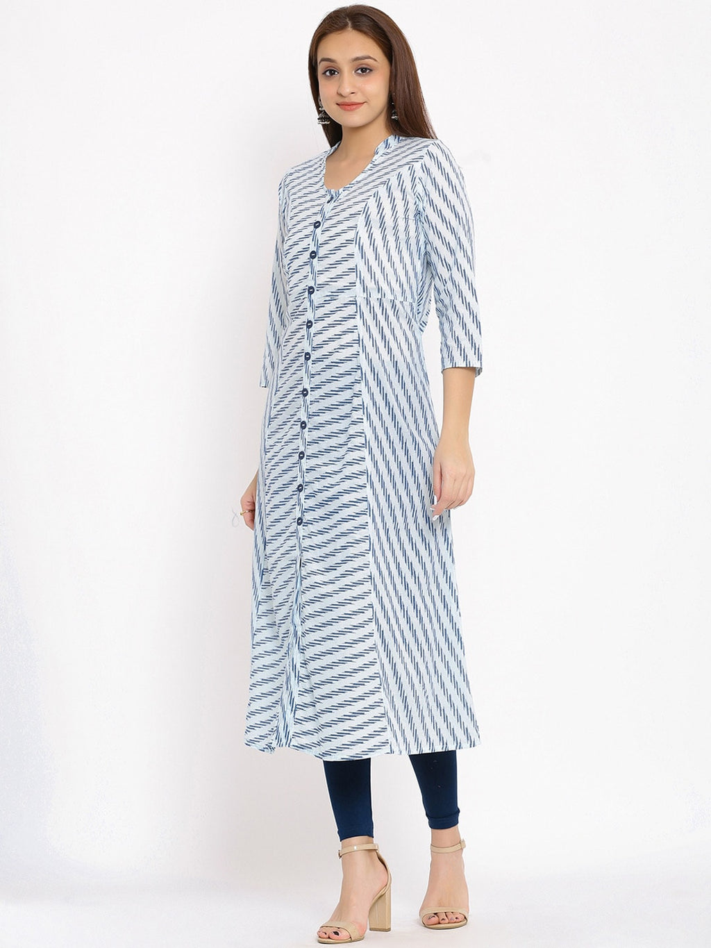 HERE&NOW Blue & White Striped Mandarin Collar Kurta