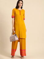 All About You Women Mustard Yellow & Pink Round Neck Regular Kurta with Palazzos