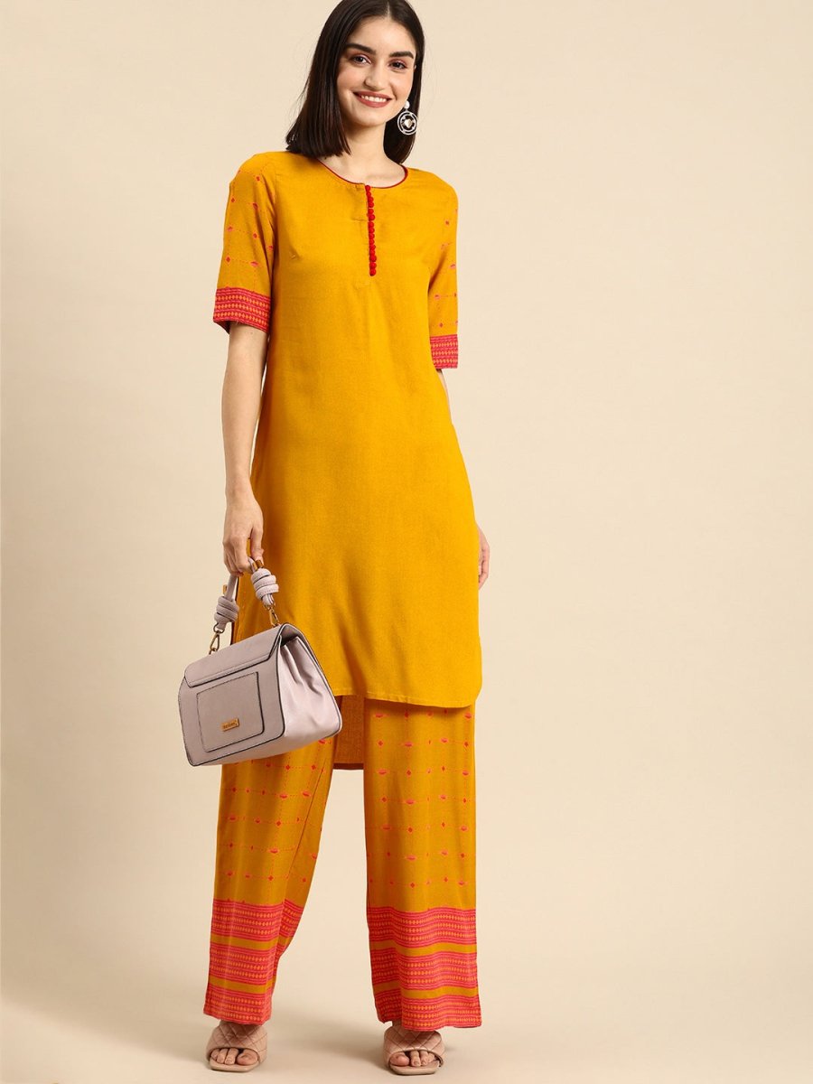 All About You Women Mustard Yellow & Pink Round Neck Regular Kurta with Palazzos