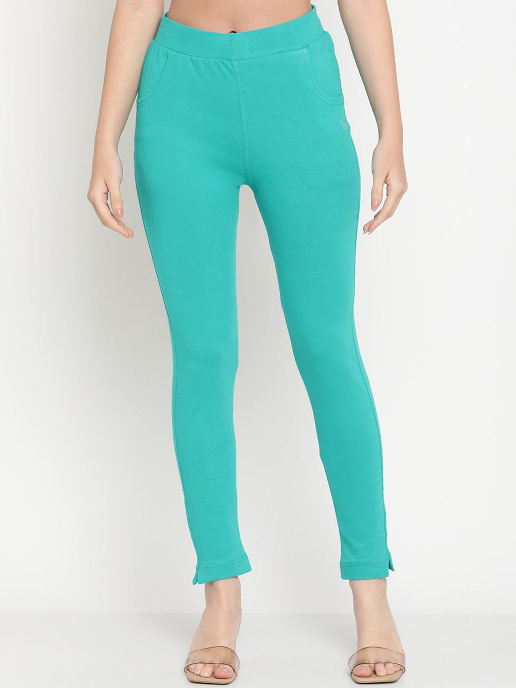 TAG 7 Women Turquoise Blue & Beige Ankle-Length Leggings Pack of 2