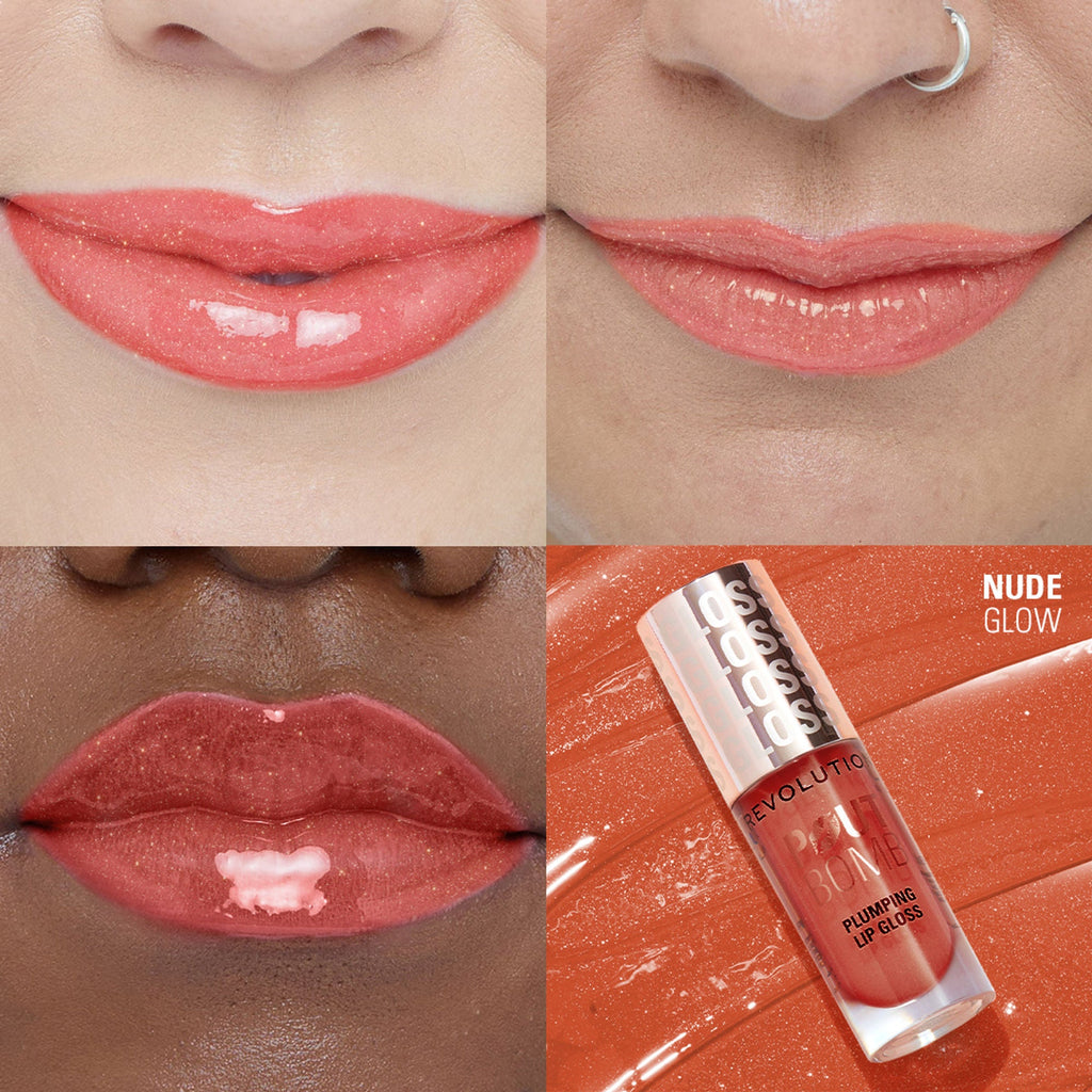 Makeup Revolution Pout Bomb Shimmer Lip Gloss - Nude Glow - Distacart