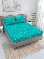 DREAM WEAVERZ Turquoise Blue & White 250 TC Pure Cotton King Bedsheet with 2 Pillow Covers