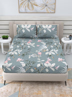 DREAM WEAVERZ Grey & White Floral 220 TC Queen Bedsheet with 2 Pillow Covers