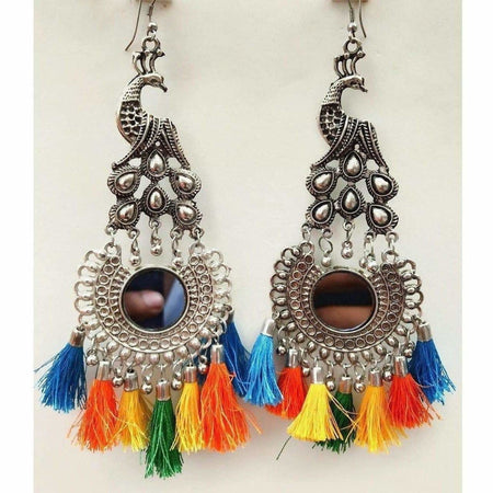 MS Fashion India Peacock Design Mirror Chandbali Silk Thread Party Wear Earrings