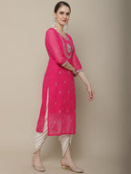 Sangria Women Pink Floral Embroidered Georgette Straight Kurta