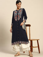 Sangria Women Navy Blue Ethnic Motifs Embroidered Kurta with Palazzos