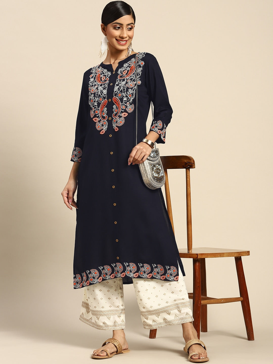 Sangria Women Navy Blue Ethnic Motifs Embroidered Kurta with Palazzos