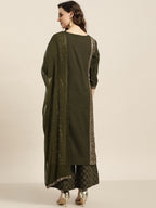 Sangria Women Olive Green & Golden Printed Kurta with Palazzos & Dupatta