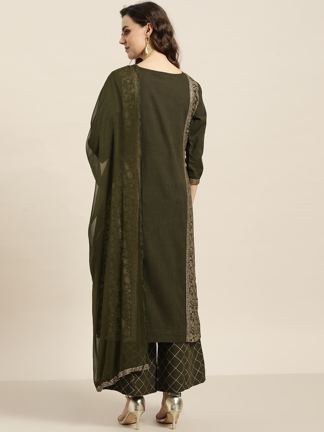 Sangria Women Olive Green & Golden Printed Kurta with Palazzos & Dupatta
