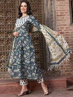 Sangria Navy Blue Floral Printed Pure Cotton Anarkali Kurta With Trouser & Dupatta