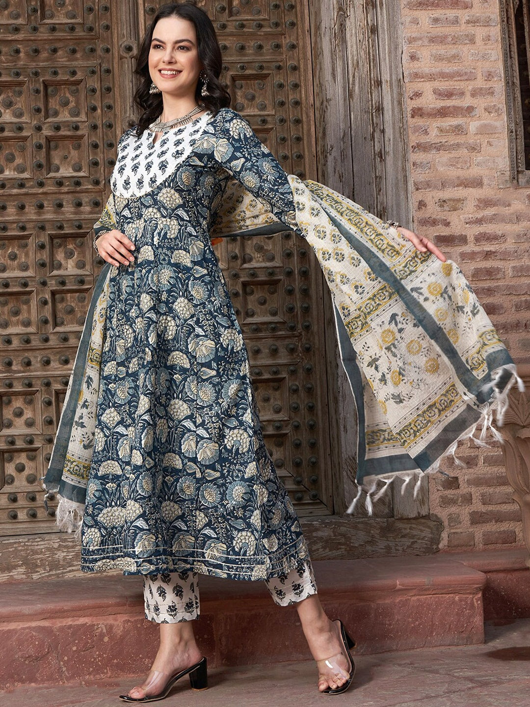 Sangria Navy Blue Floral Printed Pure Cotton Anarkali Kurta With Trouser & Dupatta