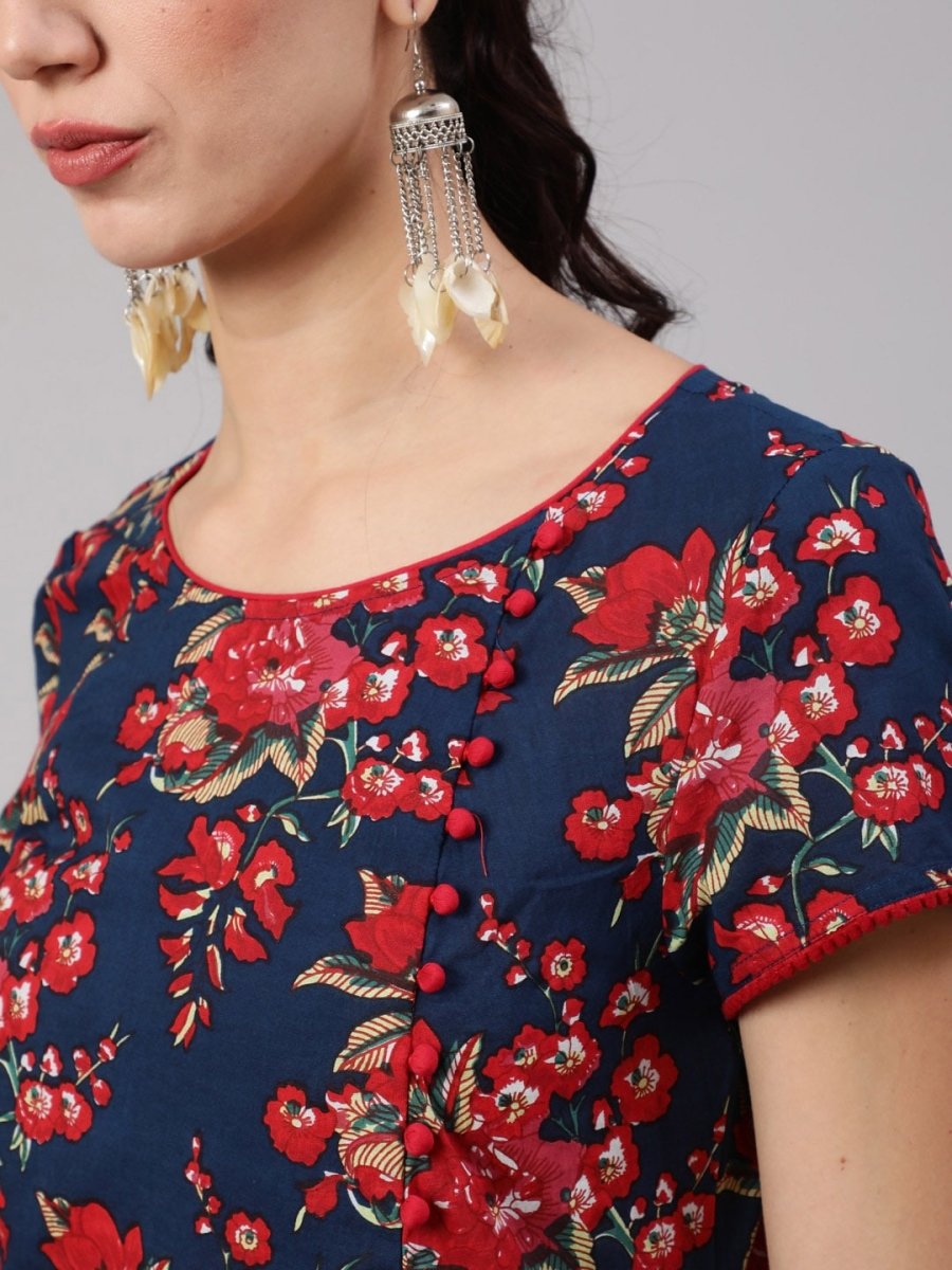 Aks Floral Printed Round Neck A-Line Kurta