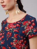 Aks Floral Printed Round Neck A-Line Kurta