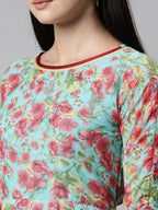 Souchii Turquoise Blue Floral Printed Chiffon A-Line Midi Dress - Distacart