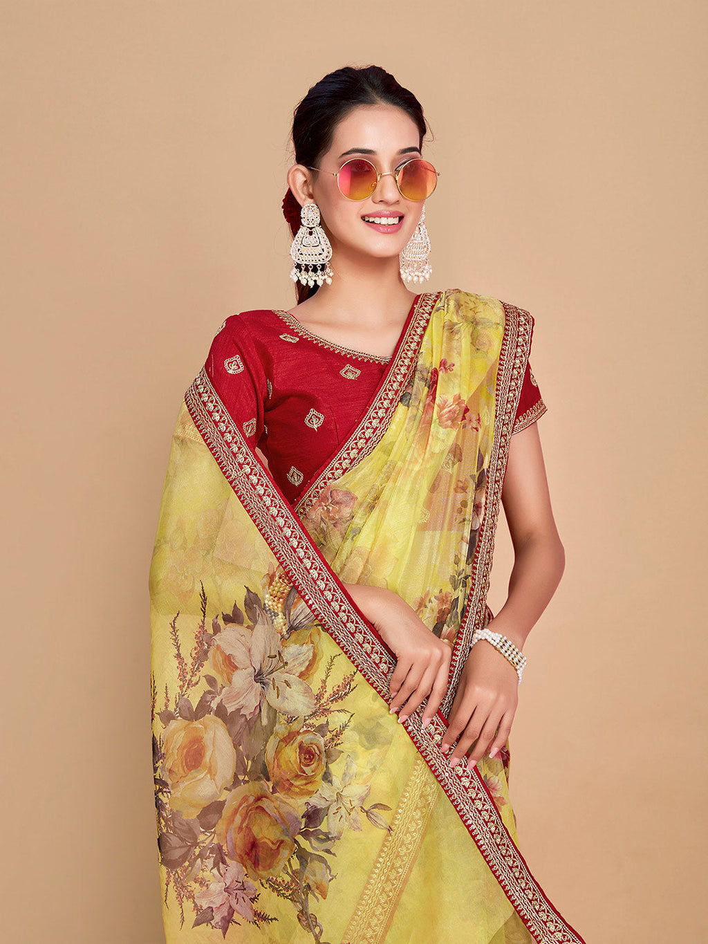 Sangria Floral Printed Embroidered Organza Saree - Distacart