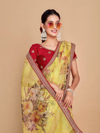Sangria Floral Printed Embroidered Organza Saree - Distacart