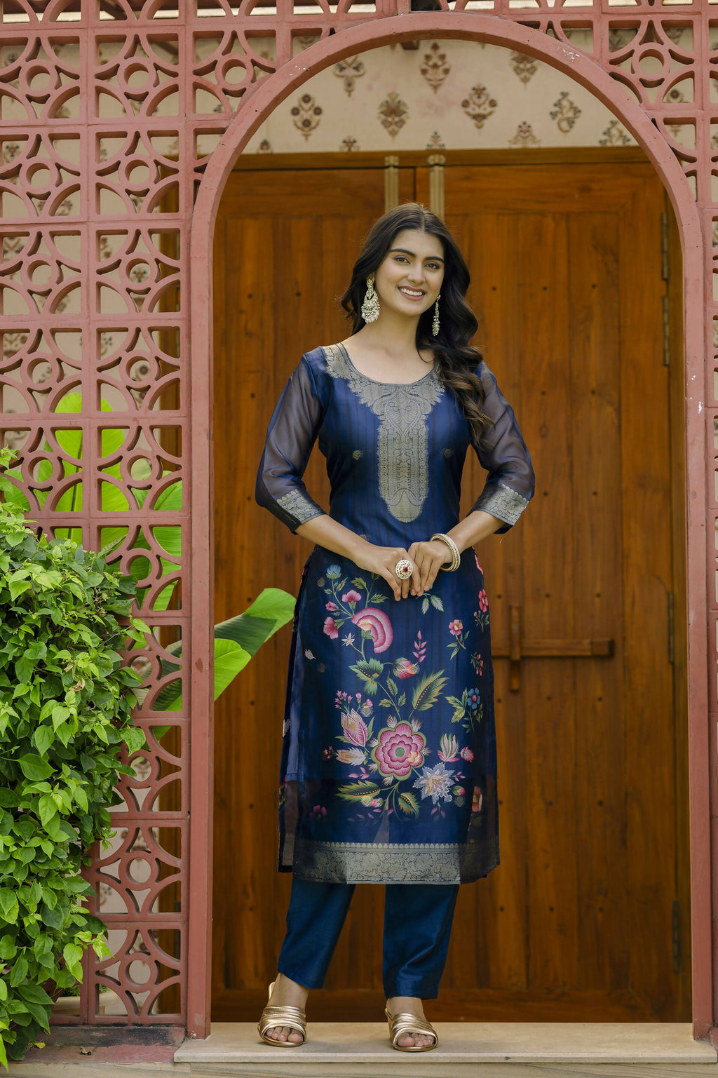 The52 Women's Beautiful Printed Work Jacquard Organza Fabric Straight Kurta Pant and Dupatta Set - Distacart